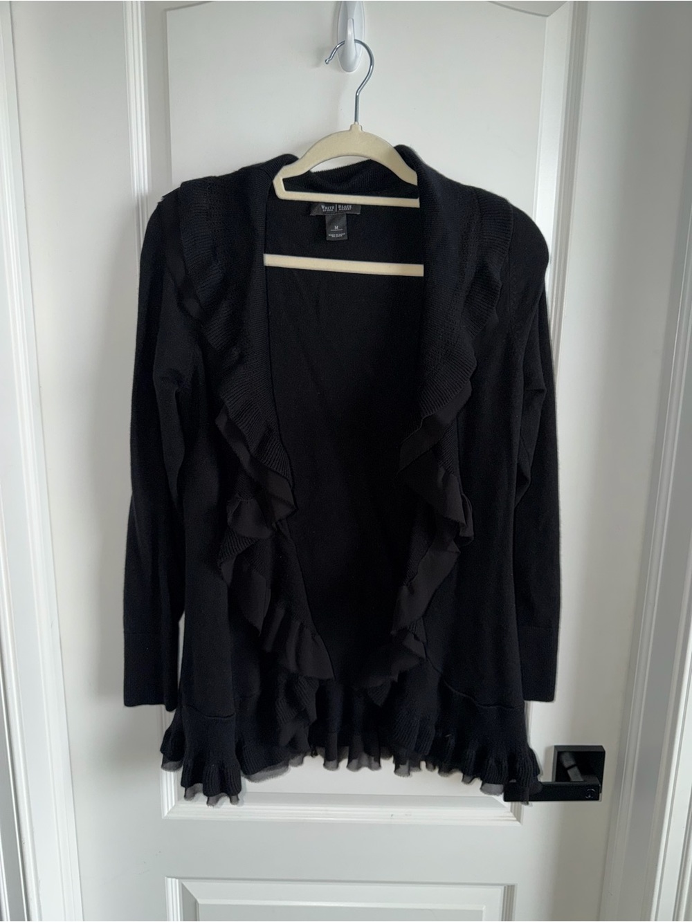 White House Black Market M Black Silk Blend Ruffle Open Front Cardigan